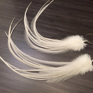 Hoop Earrings Natural Creamy White Feather Earrings Long Feather Hoops Dangle Earrings