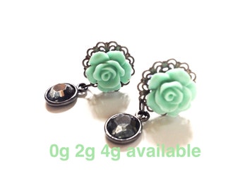 Mint Rose Plugs 0g 2g 4g Dangle Plugs Gunmetal Beads Soft Green Flower Gauged Earrings Flower Ear Plugs Hider Plugs