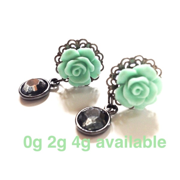 Mint Rose Plugs 0g 2g 4g Dangle Plugs Gunmetal Beads Soft Green Flower Gauged Earrings Flower Ear Plugs Hider Plugs