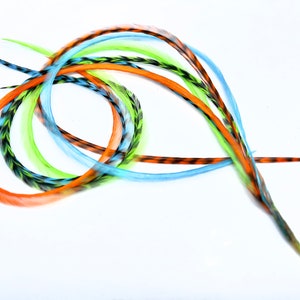 Feather Hair Extensions Turquoise Bright Green Orange Feather Extensions Long Summer Hair Accessories, 6 Hair Feather Blend, Bonded Bundle