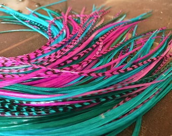 Feather Hair Extensions Pink Teal Turquoise Sold and Grizzly Hair Feathers Long Plumes, 6pcs or 8pcs Loose or 1 Bonded Bundle Mermaid Colors