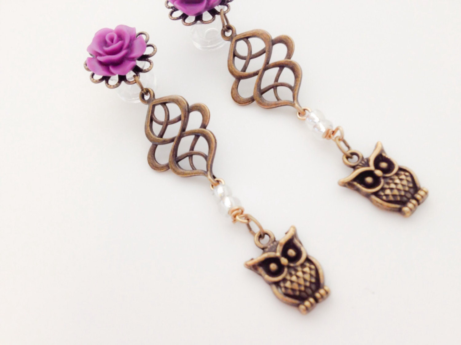 2g 00g Ear Plugs Dangle Plugs With Roses and Owl Dangles 6g Etsy