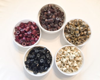 6 crimp beads and threader DIY feather extension supplies - Micro beads black, brown, blonde, burgundy auburn or random mix