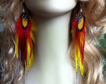 Long Feather Earrings - Carnival Sun - Red, Yellow, Grizzly Rooster Feather Earings Clip On Earrings Available