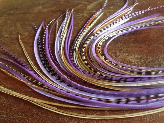 Feather Extensions Purple Grizzly Natural Barred Ginger 7 long Hair Feathers, Bonded Feather Hair Extension Kit Bundle