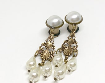 00g 0g Bridal Dangle Plugs Earrings Antiqued Bronze Ivory Chandelier Pearl Drops Wedding EarPlugs 4g 2g 6g 1g Hider Gauges