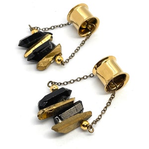 Dangle Plugs, Black Gold Quartz Hangers Sizes 0g and UP With/Without Tunnels, Magnetic Ear Plug Hangers, Lever Back earrings