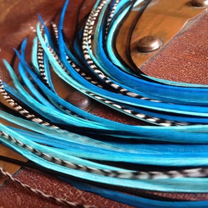 Puede incluir: Primer plano de una colección de plumas azules, turquesas, negras y blancas. Las plumas están dispuestas en capas, mostrando una variedad de tonos y texturas. Estas plumas son probablemente para manualidades o diseño de vestuario.