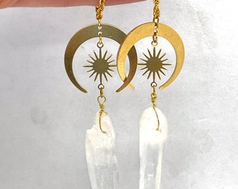 Moon Phase Quartz Magnetic Clasp Ear Tunnel Hangers Size 1g and UP With/Without Tunnels Quartz Dangle Plugs Earrings Raw Brass Moon and Star