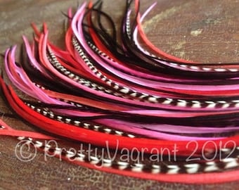 Long Hair Feather Extensions, 5 Feather Bundle Red Pink Black Grizzly Feather Hair Extensions 9-11" Kit Veren Lang