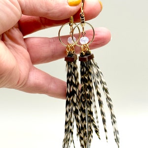 Feather Hoops 4.5-5 Long Feather Earrings, Gold, Black and White Striped Grizzly image 5