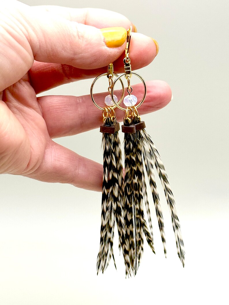 Feather Hoops 4.5-5 Long Feather Earrings, Gold, Black and White Striped Grizzly image 5