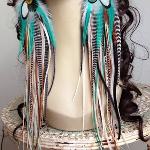 14 inch Feather Earrings Long Natural Turquoise Hippie Goddess, Big and Full Real Feather Jewelry, Summer Festival Earrings image 2