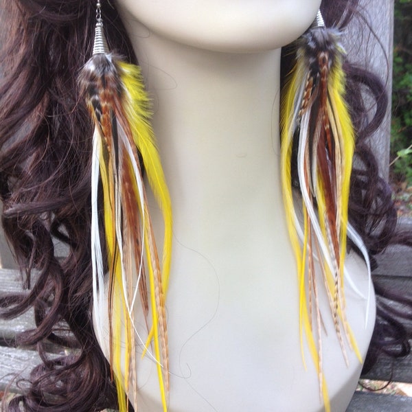 Unique Feather Earrings Long - Yellow Songbird, Bohemian Hippie Feather Earings Yellow Barred Ginger Cream Fall Feather Jewelry