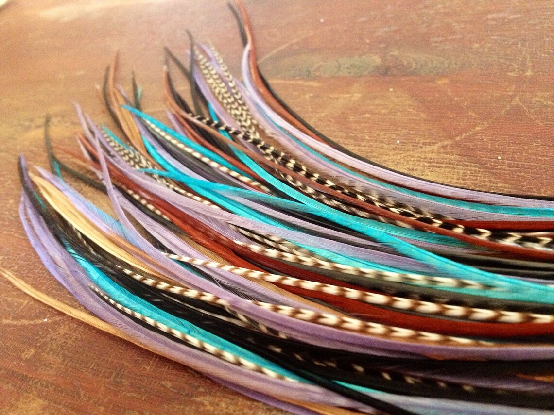 Xl Feather Hair Extension Kit 12 Turquoise Lavender Etsy