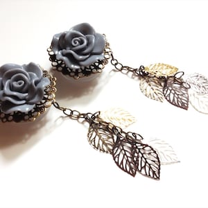 13/16 20mm Dangle Plugs Earrings 17 Color Rose Choices 1 inch 25mm, 3/4 19mm, 7/8 GaugesTiny Filigree Leaves Multiple Metal Shades image 1