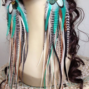14 inch Feather Earrings Long Natural Turquoise Hippie Goddess, Big and Full Real Feather Jewelry, Summer Festival Earrings image 1