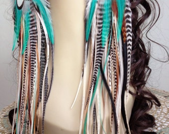 14 inch Feather Earrings Long Natural Turquoise Hippie Goddess, Big and Full Real Feather Jewelry, Summer Festival Earrings