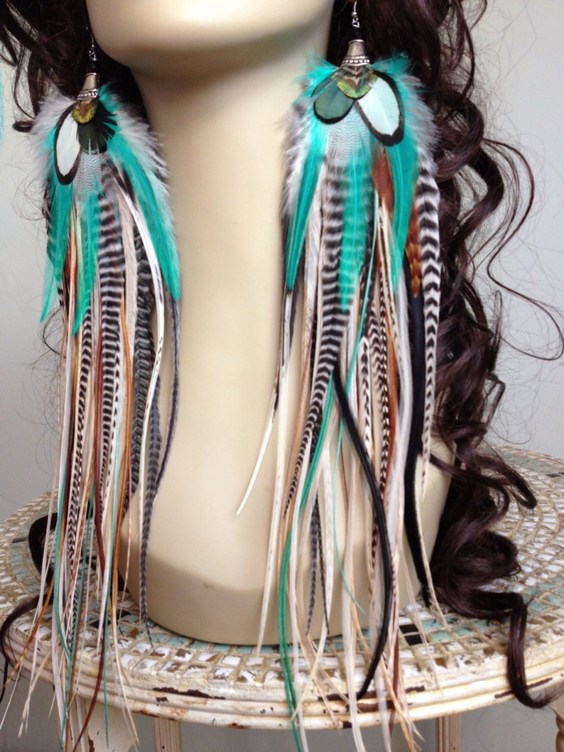 14 inch Feather Earrings Long Natural Turquoise Hippie Goddess, Big and Full Real Feather Jewelry, Summer Festival Earrings image 1