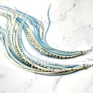 Long Feather Earrings - Blue Jean Steamer - Blue White Cream Grizzly Feather Fringe Earrings Real Feathers