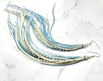 Long Feather Earrings - Blue Jean Steamer - Blue White Cream Grizzly Feather Fringe Earrings Real Feathers
