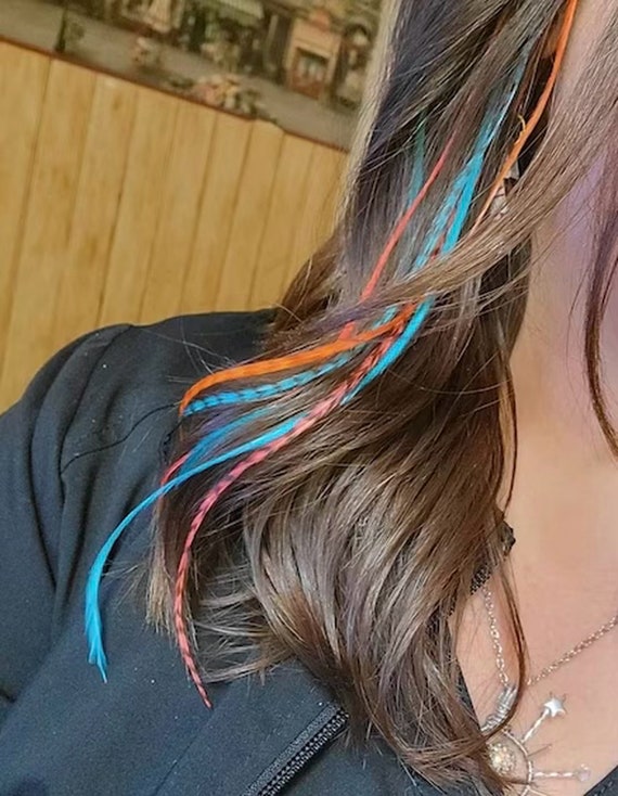 Feather Hair Extensions Bundle of 40 hair feathers in natural  brown and ginger with turquoise colors plus loop tool and beads : Beauty &  Personal Care
