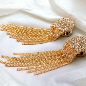 Gold Chain Tassel Dangle Plugs 0g 1g 2g 4g 6g Rhinestone Gauges Ear Plugs 8mm 7mm 4mm 6mm 5mm Hanging Plugs, Plug Earrings
