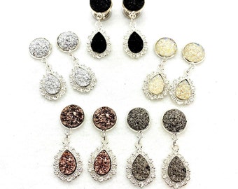 Druzy Dangle Plugs Fancy Silver Plugs 6g 4g 2g 1g 0g 00g 000g Rose Gold/Gunmetal/Black/Opal Plugs 7/16" 11mm 10mm 8mm 6mm 5mm 4mm Ear Plugs