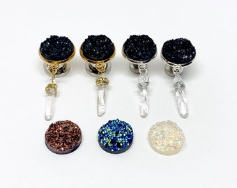 Glitter Druzy Dangle Plugs 000g 7/16" 00g 0g 2g 4g 6g Quartz Crystal Opal/Blue/Black/Copper w/Silver or Gold Fancy Gauges Dangle Ear Plugs