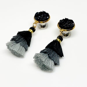 Dangle Plugs Grey and Black Tassel Gauges Druzy Gold Cap 14g 16g 8g 12g 10g 6g 4g 2g 0g 00g 000g 1/2” 9/16” 5/8” Hider Ear Plugs/Earrings