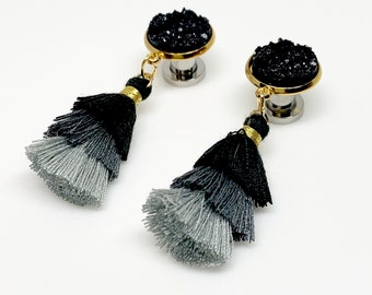 Dangle Plugs Grey and Black Tassel Gauges Druzy Gold Cap 14g 16g 8g 12g 10g 6g 4g 2g 0g 00g 000g 1/2” 9/16” 5/8” Hider Ear Plugs/Earrings