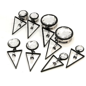 Stud Earrings to 1” 25mm Black Triangle Hider Dangle Plugs, Quartz Crystal Ear Plugs Gauged Earrings 16mm 12mm 14mm 8g 2g 0g 1g