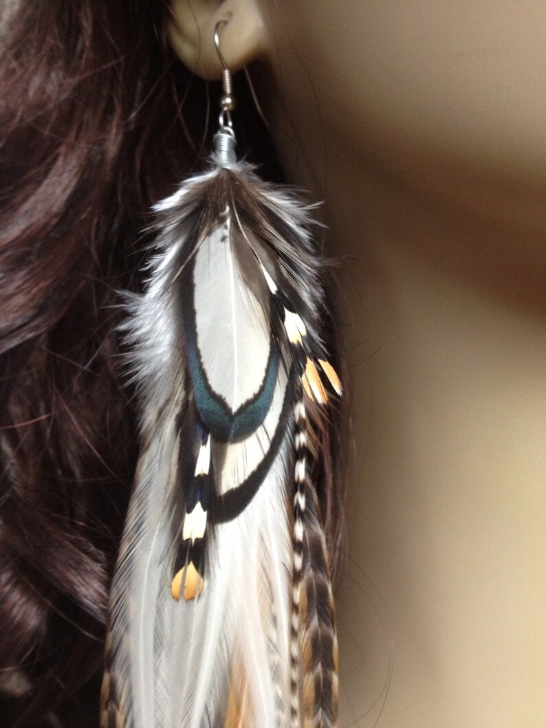 XL Long Single Feather Earring 11-12 inch Snow White Ginger Cree Grizzly Feather Extension Effect Dangle Earring Single image 3