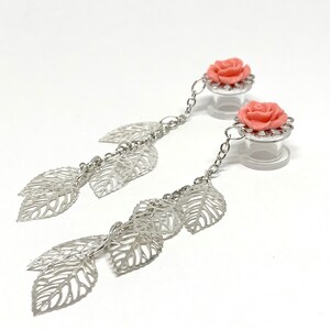 1g 2g Ear Plugs 00g Dangle Plugs with Roses Filigree Skeleton Leaves 4mm 6g 0g 4g Hider Gauged Earrings 34 Rose Colors