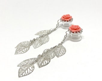 1g 2g Ear Plugs 00g Dangle Plugs with Roses Filigree Skeleton Leaves 4mm 6g 0g 4g Hider Gauged Earrings 34 Rose Colors