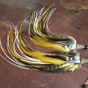 Golden Olive Feather Earrings: Long Feather Dangle Earrings, Boho Natural Feather Jewelry Fall Fashion, Real Bird Feathers Hippie Earrings image 1