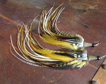 Golden Olive Feather Earrings: Long Feather Dangle Earrings, Boho Natural Feather Jewelry Fall Fashion, Real Bird Feathers Hippie Earrings