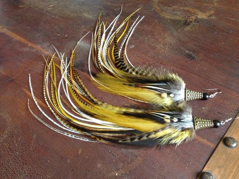 Golden Olive Feather Earrings: Long Feather Dangle Earrings, Boho Natural Feather Jewelry Fall Fashion, Real Bird Feathers Hippie Earrings image 1