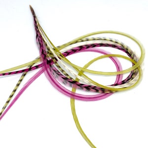 Soft Bonded Feather Extensions Bright Pink, Cream, Olive Green Salon Hair Feathers 1 Bonded Bundle of 6 Feathers.