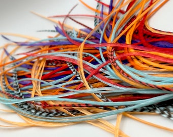 Pop Of Fun ヘア フェザーエクステンション オレンジ、レッド、パープル、ブルー スキニーヘア フェザーキット 7 枚 (ルーズ) または 1 束 (ボンド)