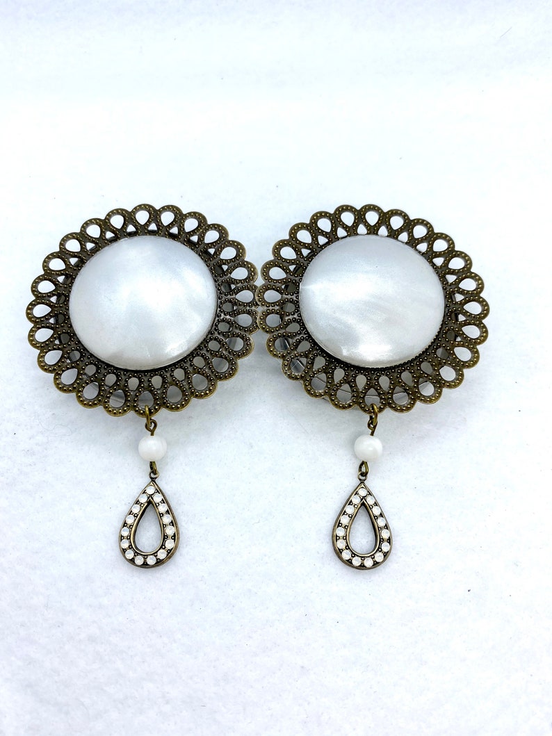 Gauged Earrings White Pearl Teardrop 2\u201d Dangle Plugs 50mm 42mm Ear Plugs Opal Teardrop Crystals 1 58\u201d Double Flared Tunnels