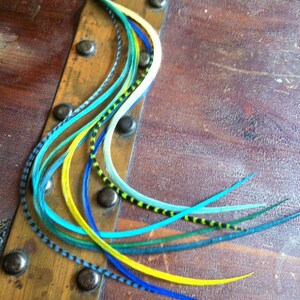 Extra Long Feather Extensions 8 Hair Feather Bundle, Tie Dyed with Green Blue Grizzly Yellow Bonded Feather Hair Extensions