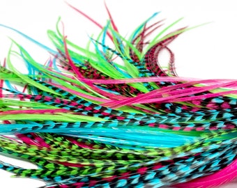 Feather Extensions Bright Lime Magenta Turquoise Grizzly 6pcs or 8pcs Loose/Bonded Crimp In Hair Feathers/Plumes Summer Hair Accessories