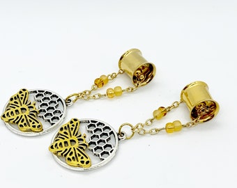 Honeycomb Bee Magnetic Ear Plug Dangles for Ear Tunnel Hangers Sizes 1g and UP With/Without Tunnels Bumblebee Dangle Plugs Gauged Earrings