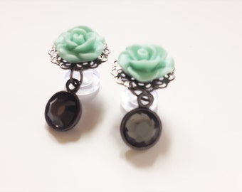 6g 4mm Dangle Plugs 34 Custom Rose Colors Gauged Ear Plug Earrings/Gauges With Gunmetal Drop Bead Turquoise Mint Pink