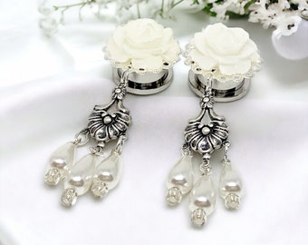 5/8 (16mm) 11/16 (18mm) Chandelier Pearl Drop Dangle Plugs Wedding Ear Plug Earrings With Antiqued Silver Teardrops/Hider Gauges 12 Colors