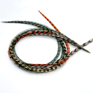 Long Hair Feather Extensions Grizzly Dyed Grey, Orange, Yellow, and Green, Bonded Feather Extensions, 1 Bundle Kit