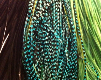 Feather Hair Extensions Grizzly Turquoise, Green, Black Long Feather Extensions 3 Loose Hair Feathers