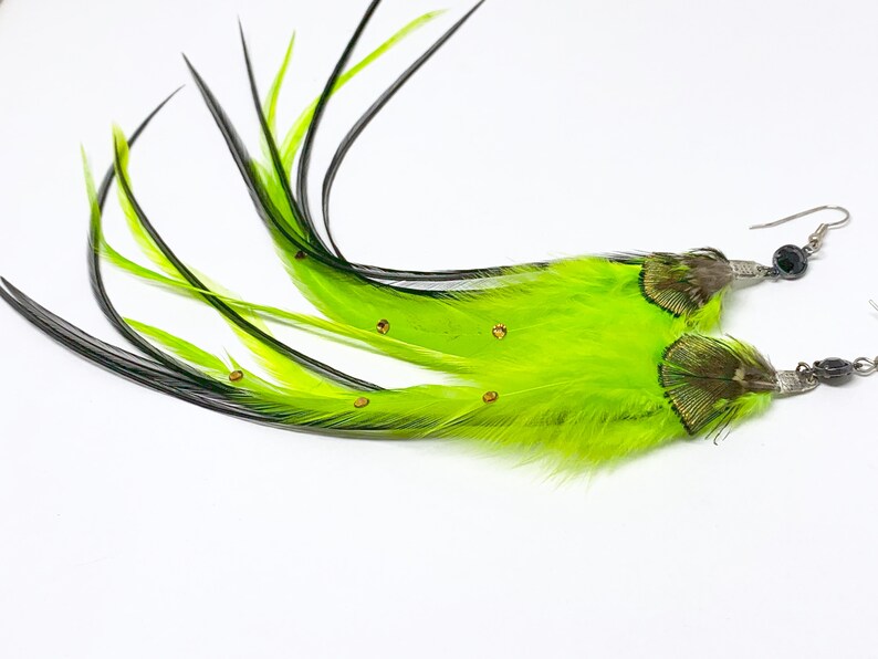 Slender Feather Earrings Chartreuse Lime Green and Black with Rhinestones OOAK Ready to Ship
