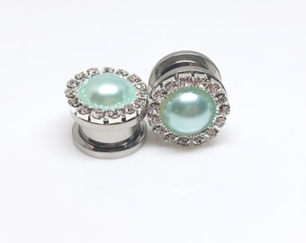 9/16" Plugs 00g Mint Pearl Plugs Ear Plugs, 1/2" 000g Wedding Plugs Body Jewelry, Bridal Jewelry, Acrylic/Wood/Surgical Steel Screw Back